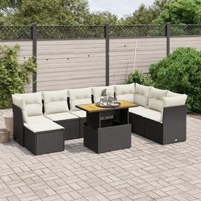 9 pcs conjunto de sofás p/ jardim c/ almofadões vime PE preto