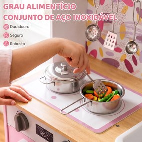 Cozinha de Madeira com Acessórios em Aço Inoxidável, Máquina de Café, Máquina de Gelo, Lava-loiça e Fogão Rosa