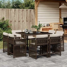 vidaXL 9 pcs conjunto jantar p/ jardim c/ almofadões vime PE castanho