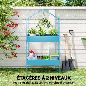 Prateleira para plantas de 2 níveis 75 x 35 x 150 cm, suporte para plantas em metal com gancho, suporte para vasos em forma de casa, azul