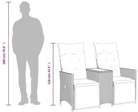 Sofá de jardim reclinável de 2 lugares com Mesa em vime sintético cinz