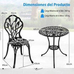 Conjunto de Jardim de 3 peças em alumínio fundido: mesa e cadeiras de exterior para todas as condições meteorológicas, com orifício para guarda-sol, i
