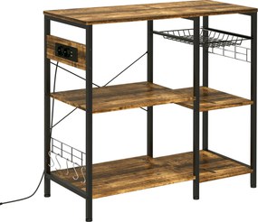 HOMCOM Estante de Cozinha Estilo Industrial com Tomada Elétrica Prateleiras Ajustáveis Ganchos e Cesta Metálica 90x40x83 cm Marrom Rústico | Aosom Portugal