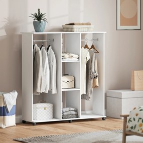 Guarda roupa aberto com varões, móvel de arrumação com rodas, 6 rodas, 120 x 40 x 128 cm, branco