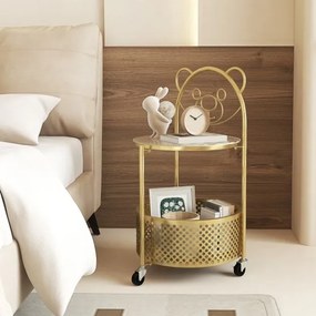 Mesa de centro de vidro móvel Mesa apoio ou cabeçeira de 2 níveis com padrão de urso Cesto de arrumação Estrutura metálica Mesa lateral moderna Dourad