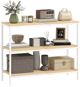Mesa Consola Estreita Consola de Entrada Moderna com 3 Prateleiras Abertas e Pés de Metal 101x35x80 cm Madeira e Branco