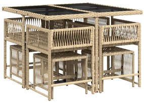 9 pcs conj. jantar jardim c/ almofadões vime PE bege misturado