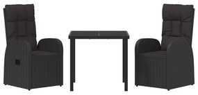 Conjunto de Jantar de Jardim com 3 Peças com Almofadas Preto Rattan Po