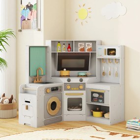 Cozinha de brincar de canto com luzes e sons. Inclui lava-loiça, fogão, micro-ondas, forno, máquina de lavar e acessórios para crianças com mais de 3