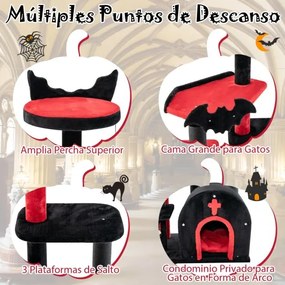 Arranhador gótica para gatos 134 cm com cama pompom e bolas de mola Centro de atividades de 6 níveis Vermelho e preto