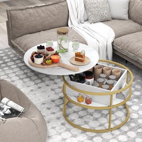 Mesa de Centro Elevável Redonda de 80 cm com Compartimento Oculto e Estantes Laterais Branco e dourado