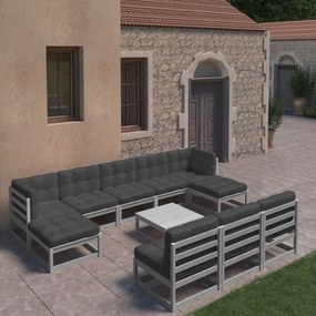 11pcs conjunto lounge de jardim + almofadões pinho maciço cinza