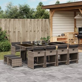 vidaXL 13 pcs conjunto jantar p/ jardim c/ almofadões vime PE cinzento