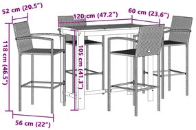 5 pcs conjunto de bar p/ jardim acácia maciça/vime PE cinzento