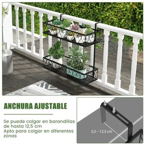 Suporte varandas metálica para plantas de 2 níveis com ganchos ajustáveis 5,5-12,5cm Carga 30kg 60 x 33 x 59 cm Preto