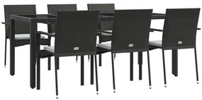 7 pcs conjunto de jantar p/ jardim c/ almofadões vime PE preto