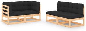 4 pcs conjunto lounge de jardim c/ almofadões pinho maciço