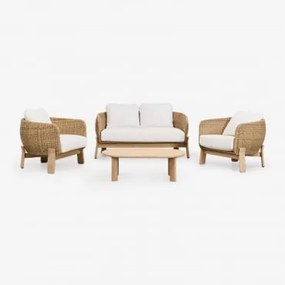 Conjunto De Jardim Leilan Com Sofá De 2 Lugares, 2 Poltronas E Mesa De Centro Em Madeira De Acácia E Rattan Marrom Acácia Claro - Sklum