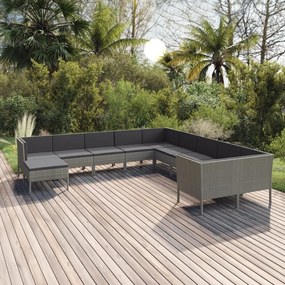 11 pcs conjunto lounge de jardim c/ almofadões vime PE cinzento