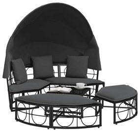 Cama lounge de exterior c/ toldo e almofadões vime PE preto