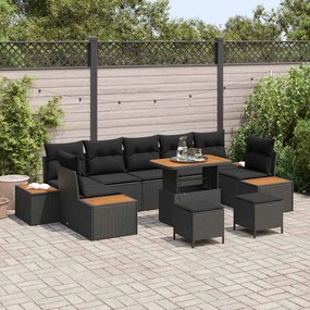 Conjunto de Sofá de Jardim vidaXL com 10 Peças e Almofadas em Polyrattan Preto Acácia