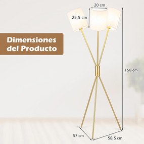 Candeeiro de Pé com Tripé, 58,5 x 57 x 160 cm, 3 Abajures de Tecido, Dourado