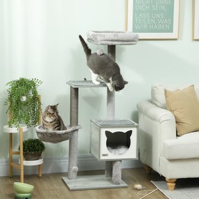Arranhador para gatos com arranhadores, vários acessórios, casinha, rede, peluche, sisal natural curto, 48x40x126 cm, cinzento