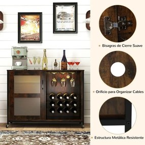 Garrafeira para Vinhos 108 x 40 x 81 cm com Luz LED de Cozinha com Prateleiras Ajustáveis Suportes para Copos e Garrafas Móvel Castanho