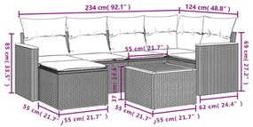 7 pcs conjunto de sofás p/ jardim com almofadões vime PE bege
