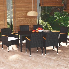 vidaXL 7 pcs conjunto de jantar p/ jardim c/ almofadões vime PE preto