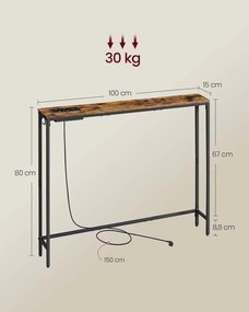 Mesa consola estreita com estação de carregamento e ganchos 15 x 100 x 80 cm Castanho vintage + Preto