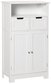 kleankin Armário de Casa de Banho com 2 Portas Prateleira Ajustável 2 Gavetas e Compartimento Aberto 60x30x108,8cm Branco | Aosom Portugal