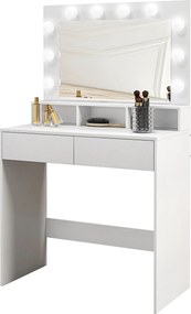Toucador de Maquilhagem com Espelho Hollywood, 80 x 40 x 135 cm, 10 Lâmpadas com 3 Modos de Iluminação, Branco