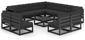 vidaXL 12 pcs conjunto longue jardim c/ almofadões pinho maciço preto