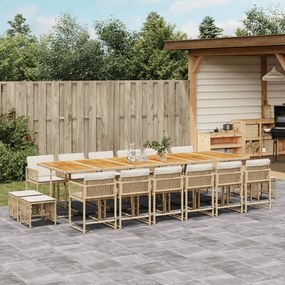 vidaXL 17 pcs conjunto de jantar p/ jardim c/ almofadões vime PE bege