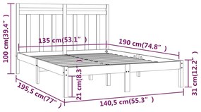 Estrutura de cama dupla 135x190 cm madeira maciça cinzento