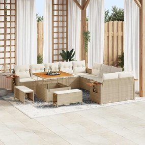 vidaXL Conjunto de Sofá de Jardim de 13 Peças com Almofadas em Bege, Rattan Sintético Acácia