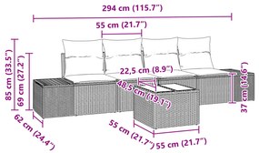 Conjunto de Sofá de Jardim de 5 Peças com Almofadas Bege Vime Rattan