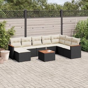 9 pcs conjunto de sofás p/ jardim c/ almofadões vime PE preto