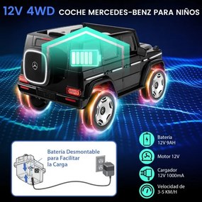 Carro elétrico para crianças com licença Mercedes-Benz 4WD 12V com controlo remoto Luzes LED Música Buzina Preto