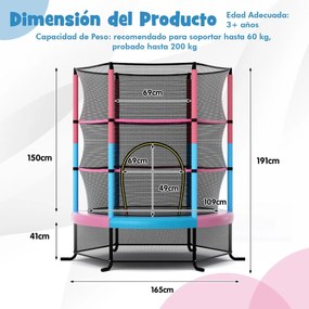 Trampolim para crianças 191 cm com rede de segurança e almofada para molas recreativas Estrutura em aço multicolorida