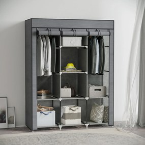 Guarda Roupa de Tecido Dobrável com 8 Prateleiras de Armazenamento e 2 Barras de Pendurar 125x43x162,5 cm Cinzento