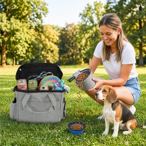 Saco de transporte para cães com bolsos, 2 sacos para ração, tigela dobrável, divisória ajustável, 38 x 17 x 35 cm, cinzento claro