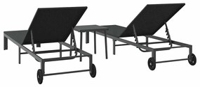 Espreguiçadeiras 2 pcs com Rodas e Mesa em Rattan Preto