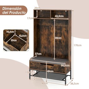 Móvel entrada hall com banco 90 x 38,5 x 170 cm Organizador 4 em 1 com compartimentos para almofadas Ganchos sapateira Castanho