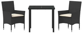 Conjunto de Jantar para Jardim 3 Peças com Almofadas Preto em Rattan d