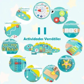 Painéis de atividades com dinossauros para crianças Quadro sensorial Montessori de madeira 11 em 1 para educação e desenvolvimento infantil Verde