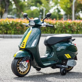 Scooter elétrica infantil Vespa 6 V, 107 x 47 x 73 cm, música MP3, porta USB, farol, 2 rodas de apoio - Verde