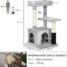 Arranhador para gatos, para trepar com arranhador, altura 85 cm, cinzento claro