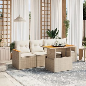 5 pcs conjunto de sofás p/ jardim com almofadões vime PE bege